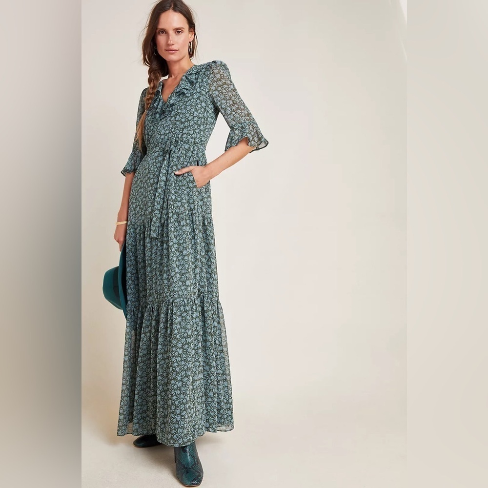 Gal Meets Glam Roberta Ruffled Maxi Dress in Green Size 2P